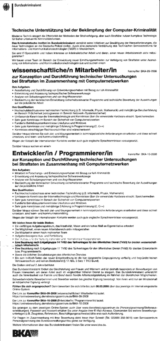 Neue BKA-Stellenausschreibung zum Bundestrojaner im Bonner General-Anzeiger vom 16./17.2.2008